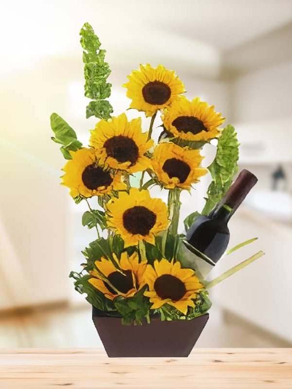arreglo-de-girasoles-con-vino